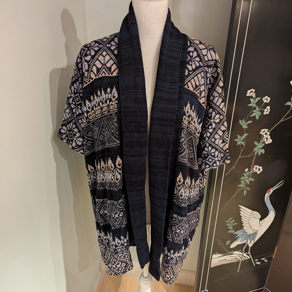 Peruvian Connection Cardigan Women's M/L Blue Tan Fair Isle Cotton Short Sleeve